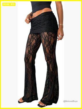 Y2K Floral Lace Sheer Mesh Patchwork Flared Bell Bottom Pants